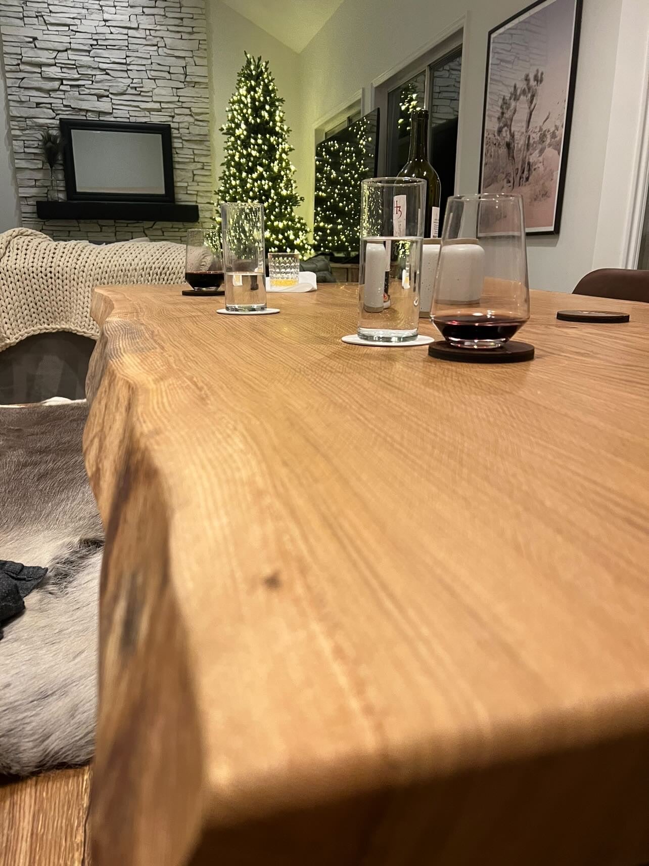 White Oak slab dining table and matching bench set