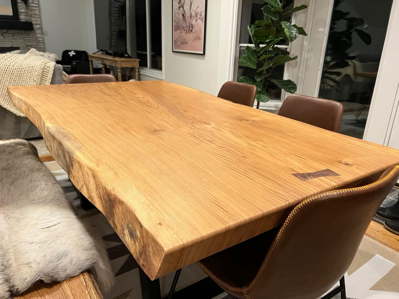 White Oak slab dining table and matching bench set