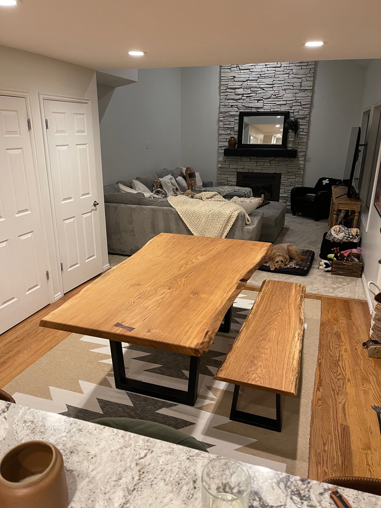 White Oak slab dining table and matching bench set