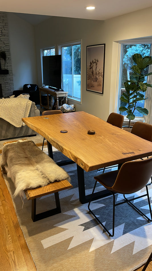 White Oak slab dining table and matching bench set