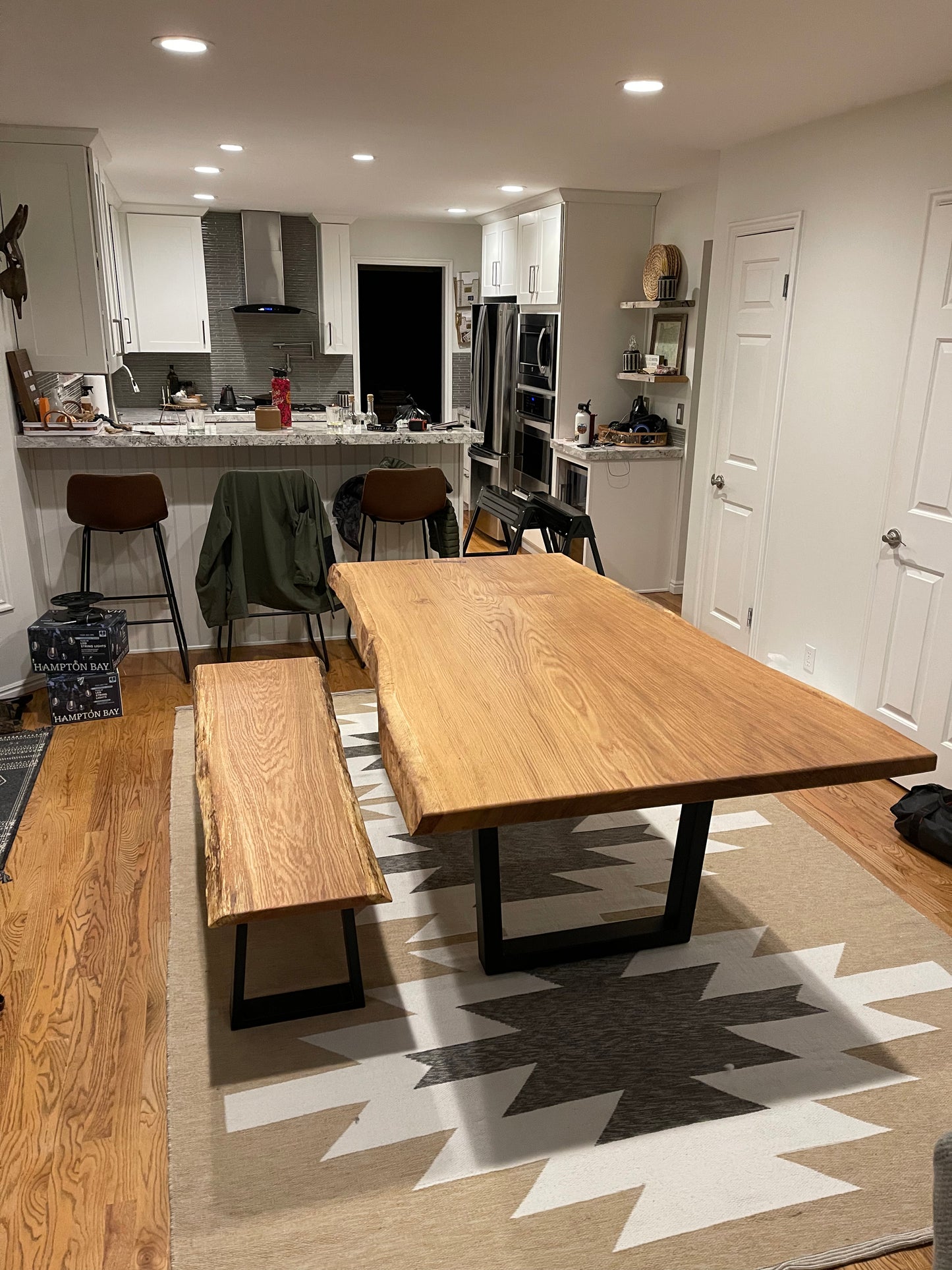 White Oak slab dining table and matching bench set